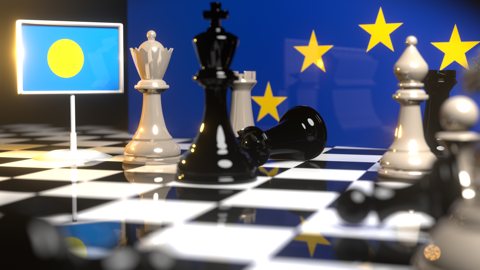 Palau National Flag, Flags placed on a chessboard with the EU flag in the background