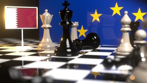 Qatar National Flag, Flags placed on a chessboard with the EU flag in the background