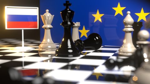 Russia National Flag, Flags placed on a chessboard with the EU flag in the background