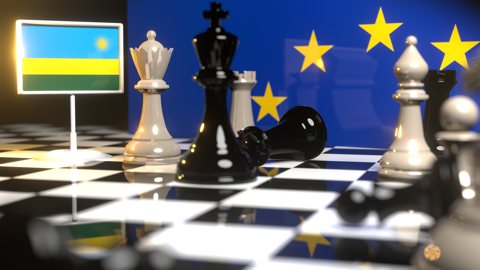 Rwanda National Flag, Flags placed on a chessboard with the EU flag in the background