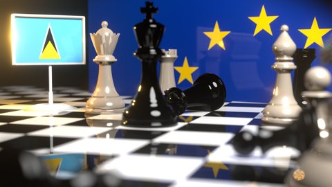 Saint-Lucia National Flag, Flags placed on a chessboard with the EU flag in the background