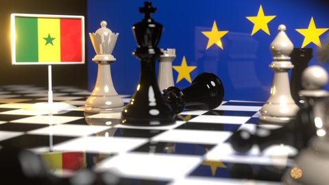 Senegal National Flag, Flags placed on a chessboard with the EU flag in the background