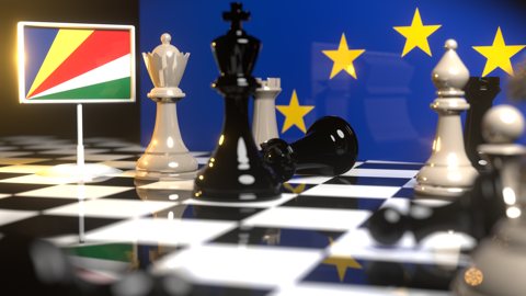 Seychelles National Flag, Flags placed on a chessboard with the EU flag in the background