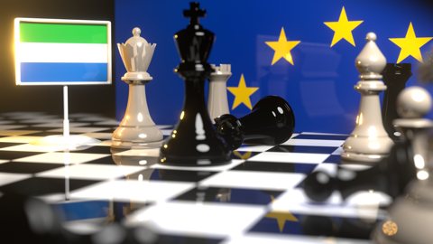 Sierra-Leone National Flag, Flags placed on a chessboard with the EU flag in the background