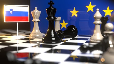 Slovenia National Flag, Flags placed on a chessboard with the EU flag in the background