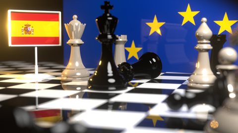 Spain National Flag, Flags placed on a chessboard with the EU flag in the background