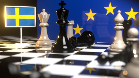 Sweden National Flag, Flags placed on a chessboard with the EU flag in the background