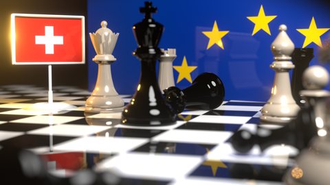 Switzerland National Flag, Flags placed on a chessboard with the EU flag in the background