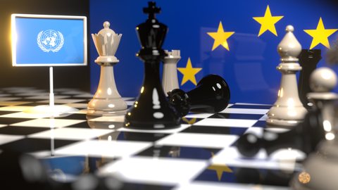 UN National Flag, Flags placed on a chessboard with the EU flag in the background