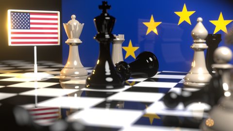 USA National Flag, Flags placed on a chessboard with the EU flag in the background