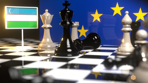 Uzbekistan National Flag, Flags placed on a chessboard with the EU flag in the background