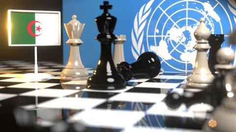 Algeria National Flag, Flags placed on a chessboard with the UN flag in the background