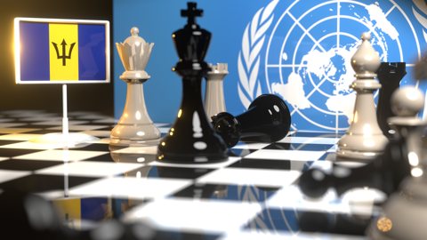 Barbados National Flag, Flags placed on a chessboard with the UN flag in the background