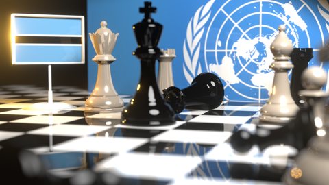 Botswana National Flag, Flags placed on a chessboard with the UN flag in the background