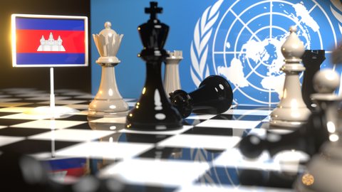 Cambodia National Flag, Flags placed on a chessboard with the UN flag in the background