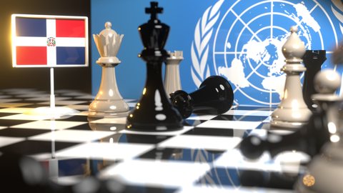 Dominican-Republic National Flag, Flags placed on a chessboard with the UN flag in the background