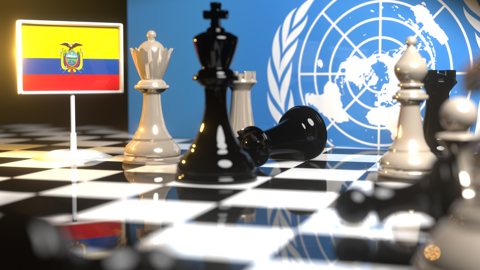 Ecuador National Flag, Flags placed on a chessboard with the UN flag in the background