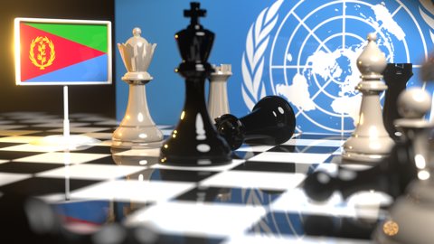 Eritrea National Flag, Flags placed on a chessboard with the UN flag in the background