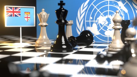 Fiji National Flag, Flags placed on a chessboard with the UN flag in the background