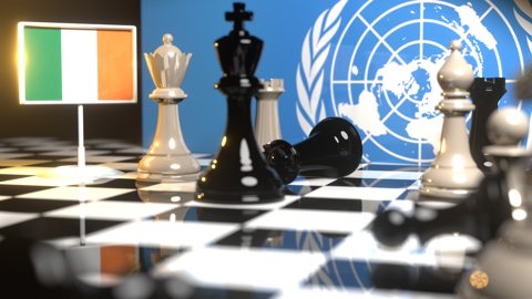 Ireland National Flag, Flags placed on a chessboard with the UN flag in the background