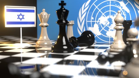 Israel National Flag, Flags placed on a chessboard with the UN flag in the background