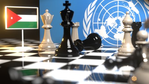 Jordan National Flag, Flags placed on a chessboard with the UN flag in the background