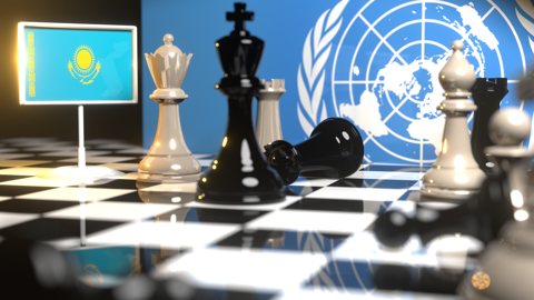 Kazakhstan National Flag, Flags placed on a chessboard with the UN flag in the background