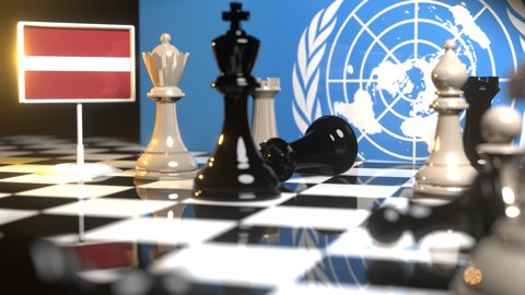 Latvia National Flag, Flags placed on a chessboard with the UN flag in the background