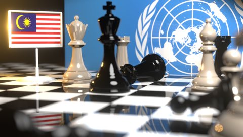 Malaysia National Flag, Flags placed on a chessboard with the UN flag in the background