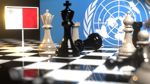 Malta National Flag, Flags placed on a chessboard with the UN flag in the background