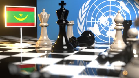 Mauritania National Flag, Flags placed on a chessboard with the UN flag in the background