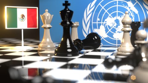 Mexico National Flag, Flags placed on a chessboard with the UN flag in the background