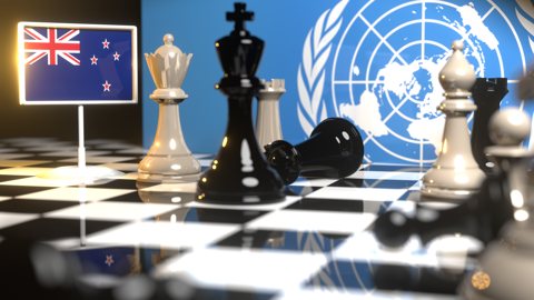 New-Zealand National Flag, Flags placed on a chessboard with the UN flag in the background