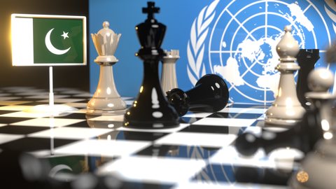 Pakistan National Flag, Flags placed on a chessboard with the UN flag in the background