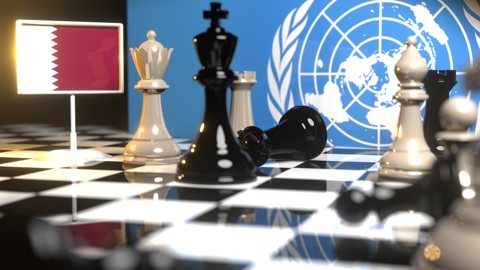 Qatar National Flag, Flags placed on a chessboard with the UN flag in the background