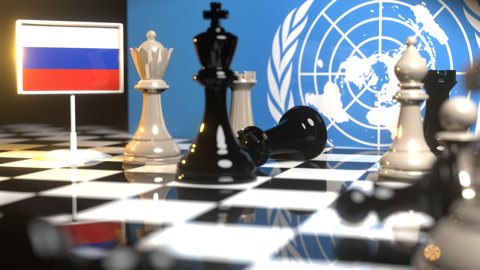 Russia National Flag, Flags placed on a chessboard with the UN flag in the background