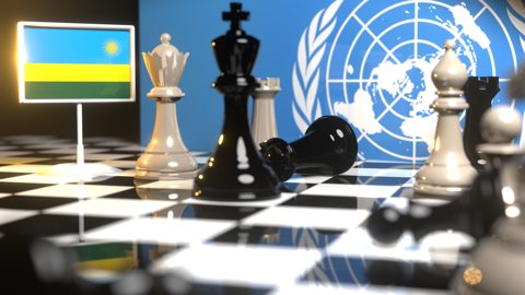 Rwanda National Flag, Flags placed on a chessboard with the UN flag in the background