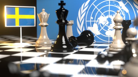 Sweden National Flag, Flags placed on a chessboard with the UN flag in the background