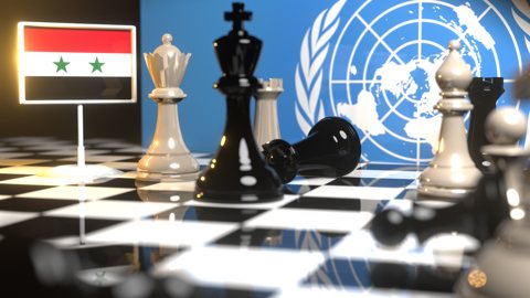 Syria National Flag, Flags placed on a chessboard with the UN flag in the background