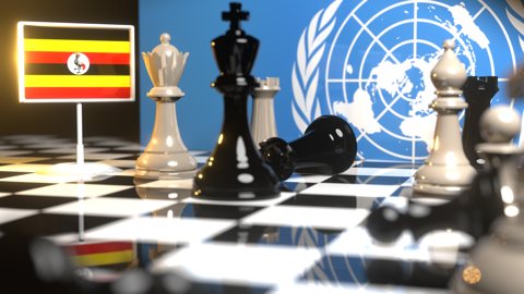 Uganda National Flag, Flags placed on a chessboard with the UN flag in the background