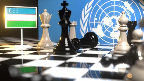 Uzbekistan National Flag, Flags placed on a chessboard with the UN flag in the background