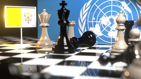 Vatican National Flag, Flags placed on a chessboard with the UN flag in the background